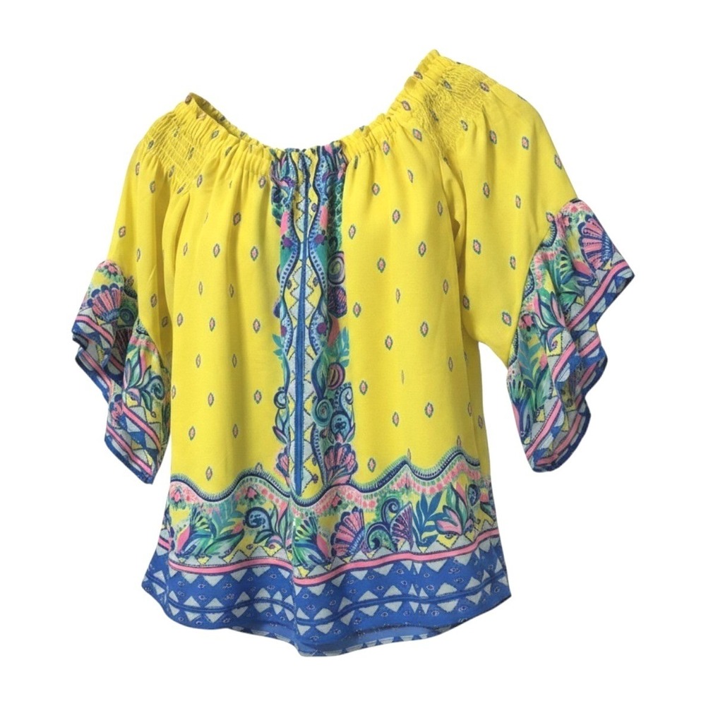 Lilly Pulitzer Blouse Sz XXS Fawna Smocked Off Shoulder Ruffle Sleeve Tropical